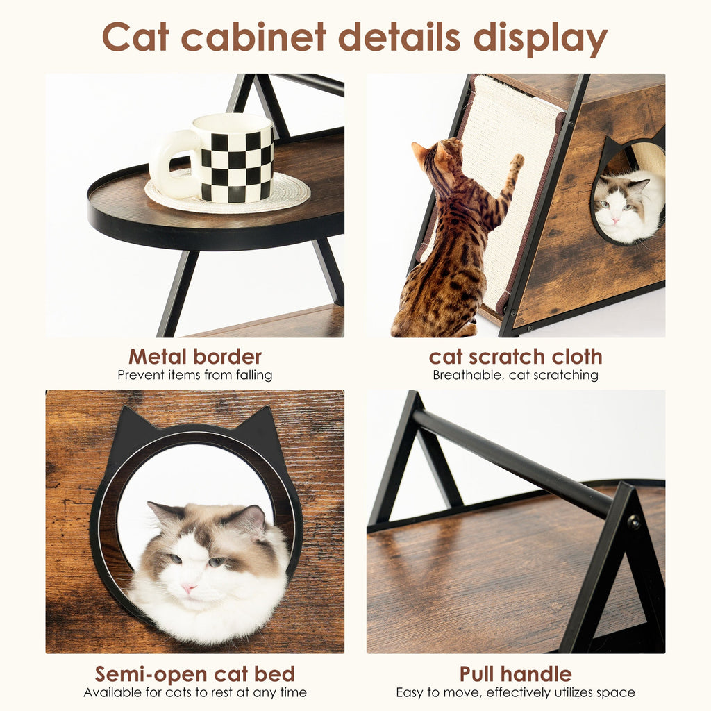 Cat cabinet details: metal frame, cat scratch cloth panel, pull handle, and semi-open bed