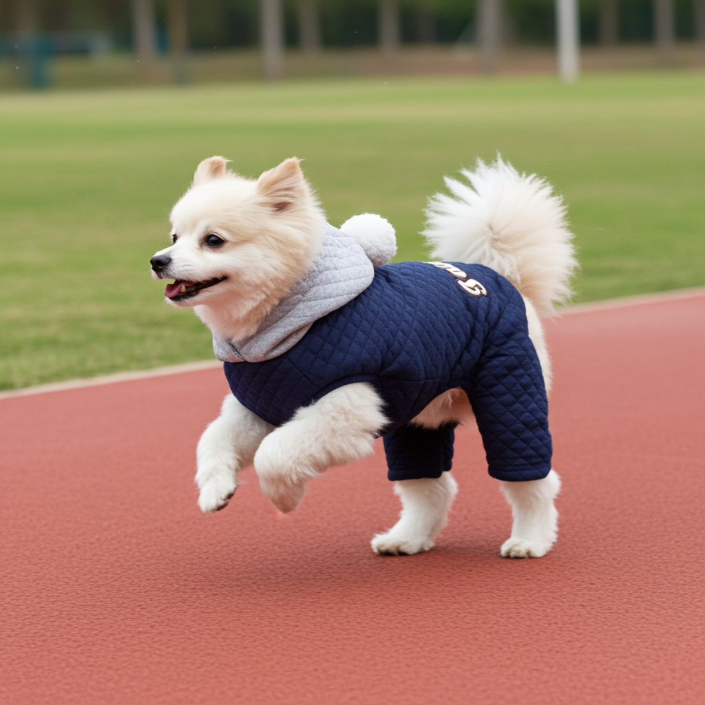 Navy quilted full-body dog sweater with grey hood and pom-pom