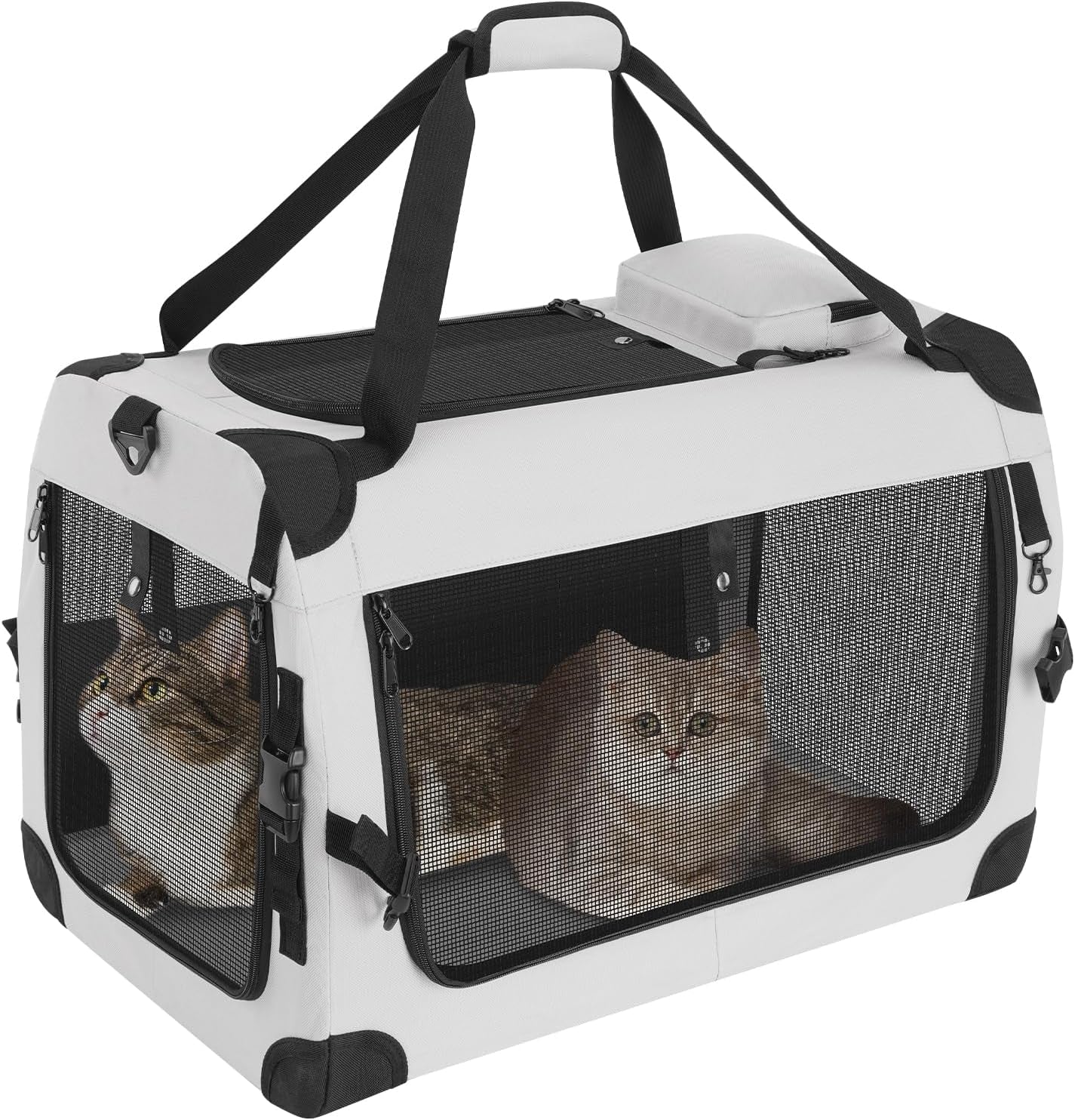 White and black soft cat carrier with three mesh windows and top carry handle