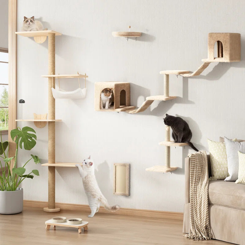 7-Piece Wall-Mounted Cat Climbing Tower & Tree Set — Space-Saving Modular Design