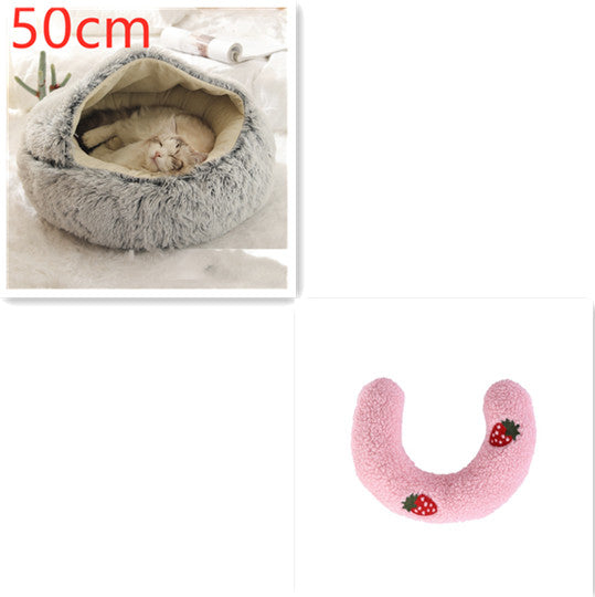 50cm round grey plush pet bed nest with pink U-shaped bolster pillow