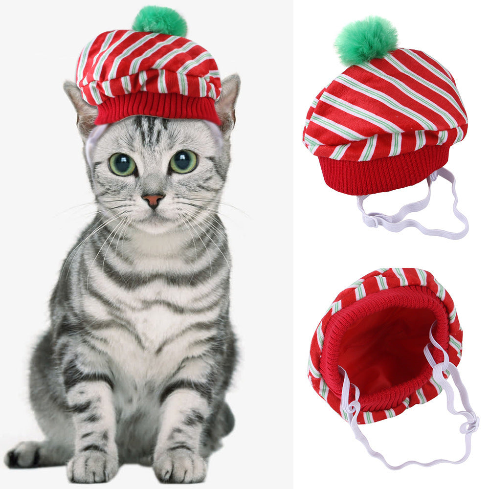 Pet cat knit beanie with red-and-green stripes and green pom-pom