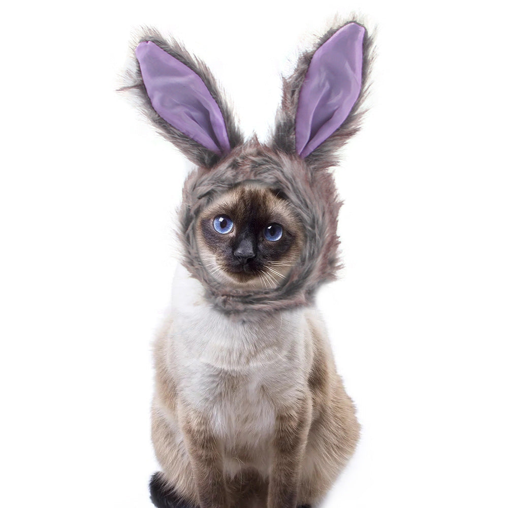 Purple-eared bunny pet hat with fluffy gray and brown fur trim