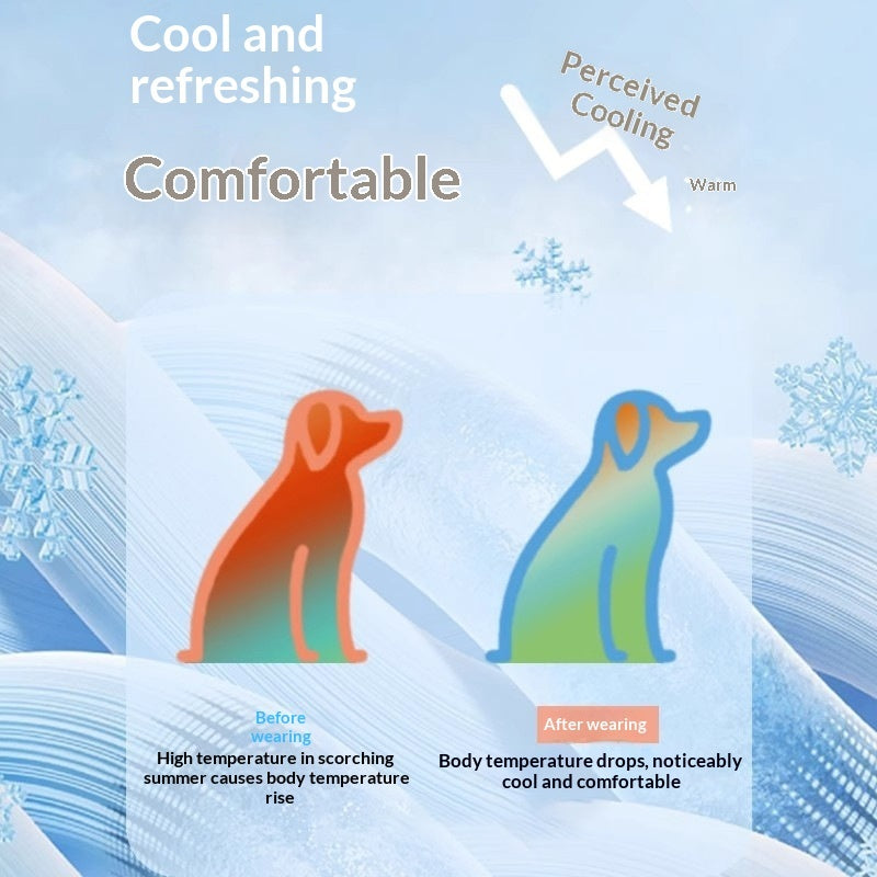 Illustrated cooling pet vest silhouettes showing before and after wearing