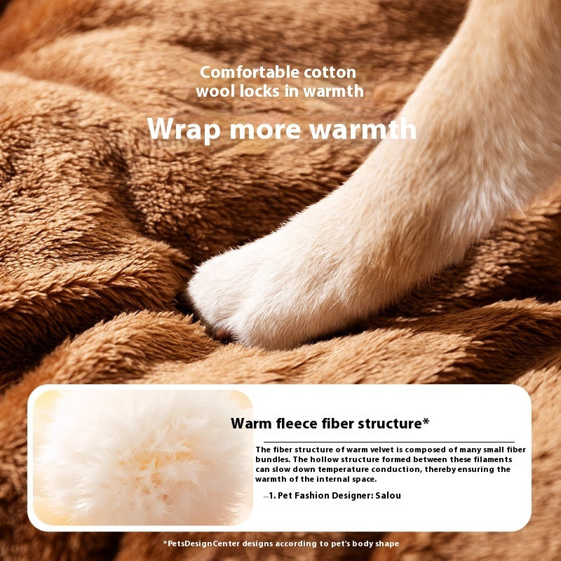 Warm cozy dog kennel lining close-up with fluffy brown fleece interior