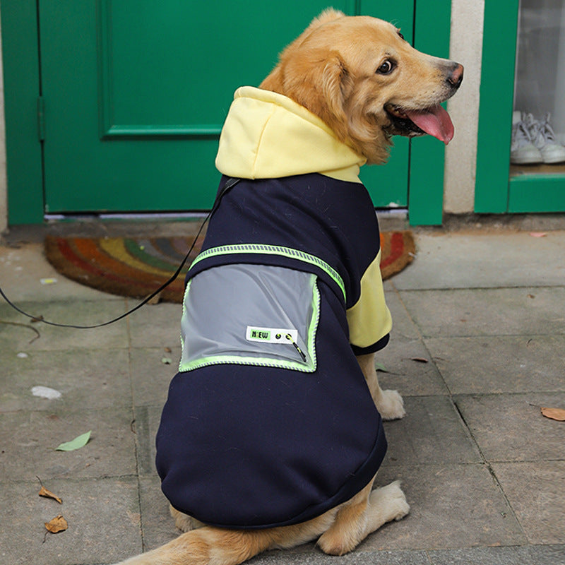 Navy dog hoodie sweater with yellow hood and neon green trim on sleeve