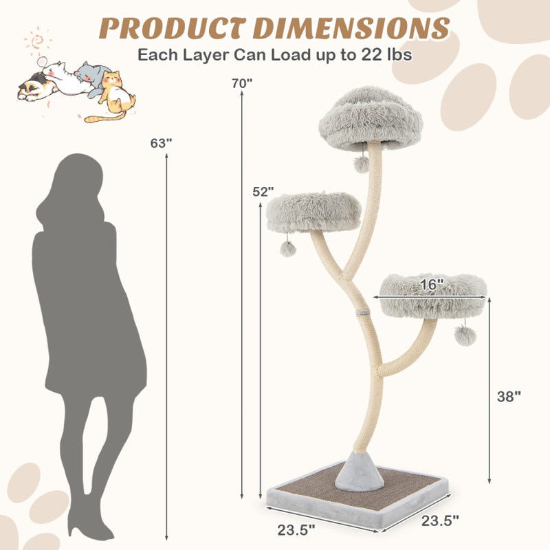 70-inch tall gray cat tree dimensions graphic with plush perches and sisal scratching posts