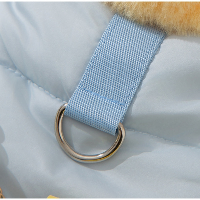 Light blue woven strap with metal D-ring on the pet outfit