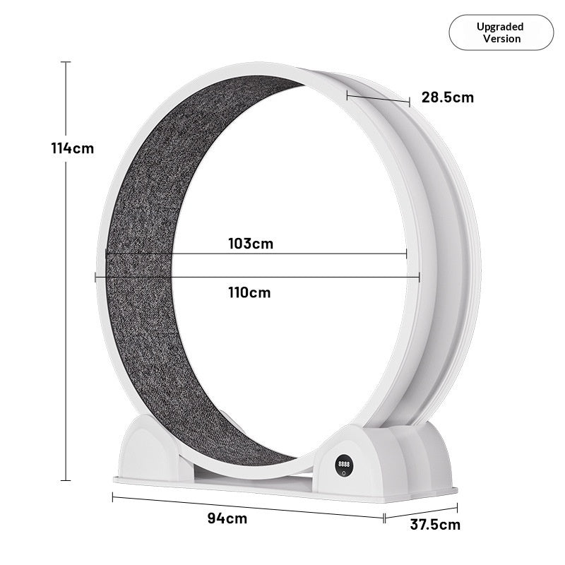 White circular pet treadmill with dark tread ring and front foot supports