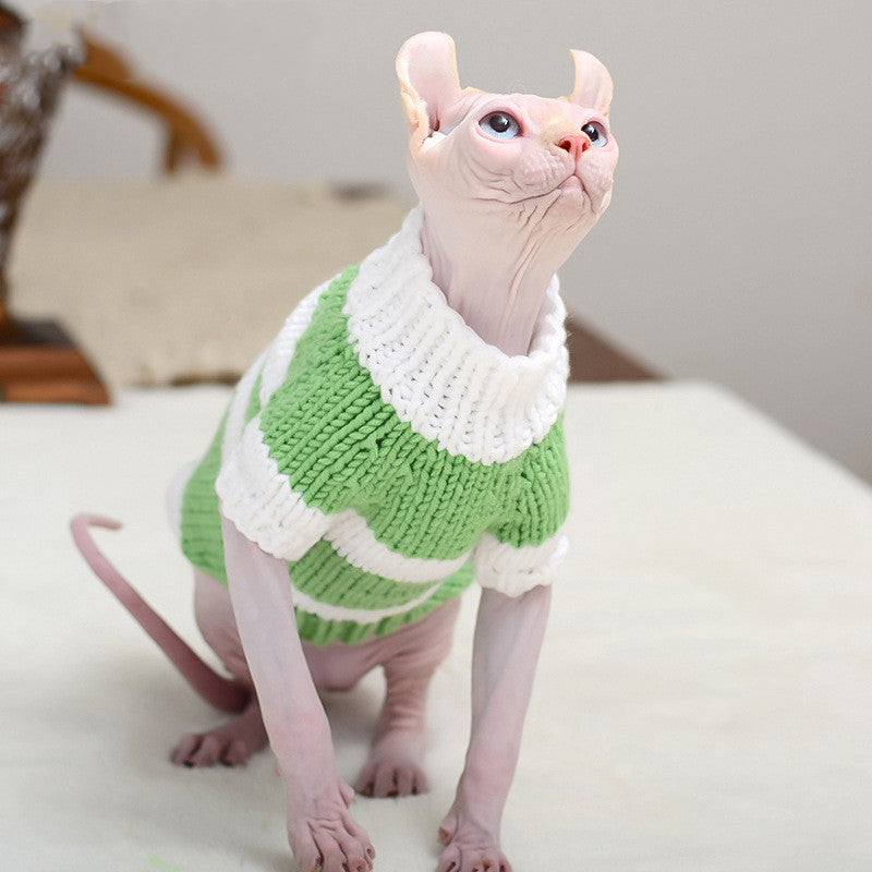 Cat warm sweater, green and white striped knit turtleneck