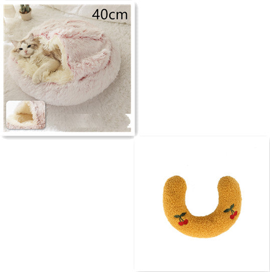 Round plush pet bed with cave opening, light cream fur, pink trim, 40cm