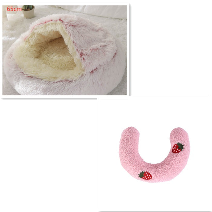 Pink plush round pet bed with open cave and cushioned inner nest
