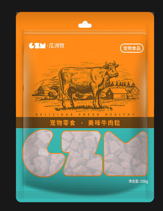 Beef dog treat pouch with orange design, cow artwork, and clear section