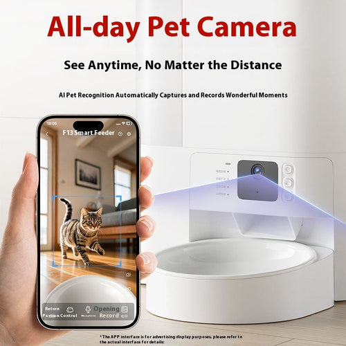 AI cat feeder with smart recognition, white device and smartphone live view