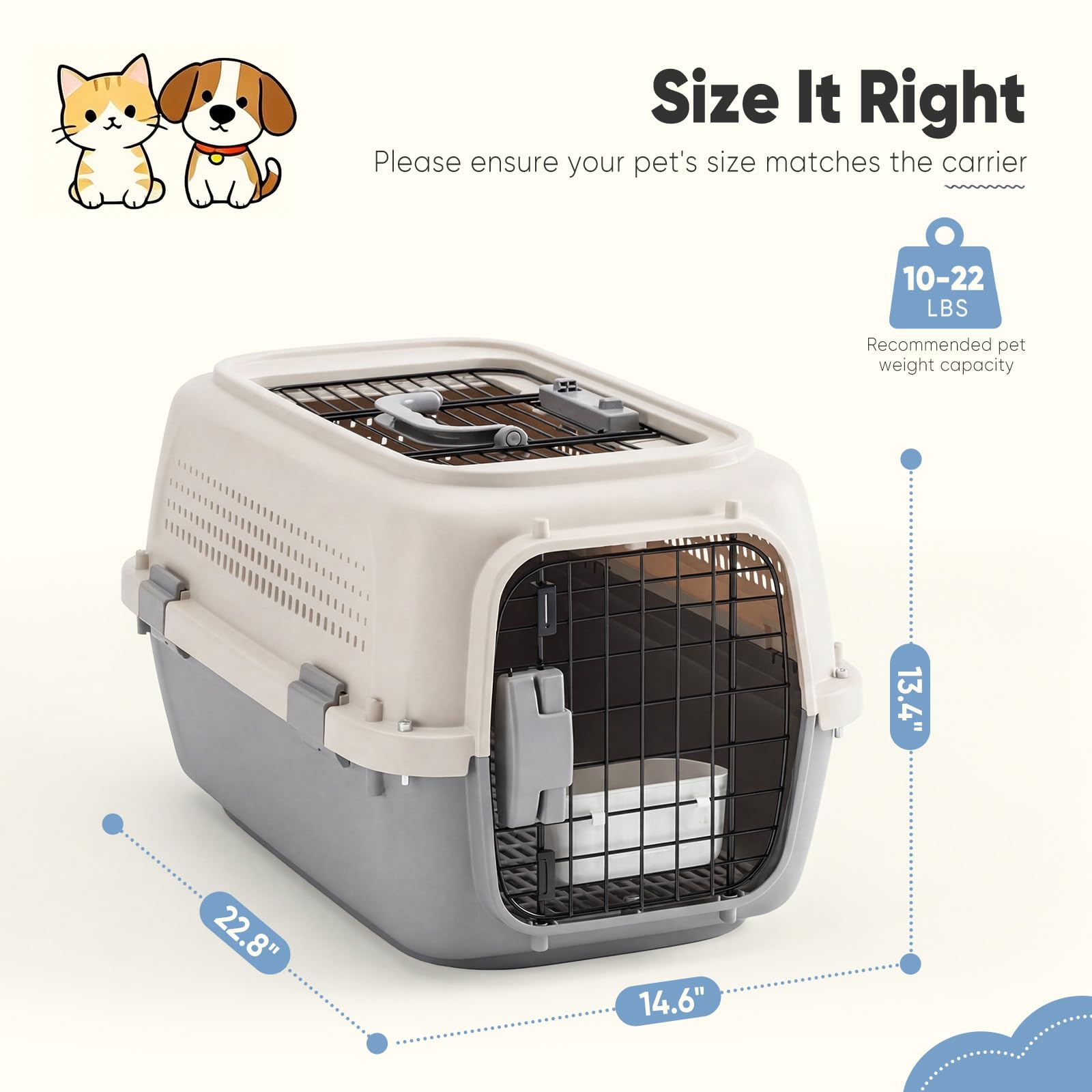 Airline-approved pet carrier crate with top handle and wire front door, side view