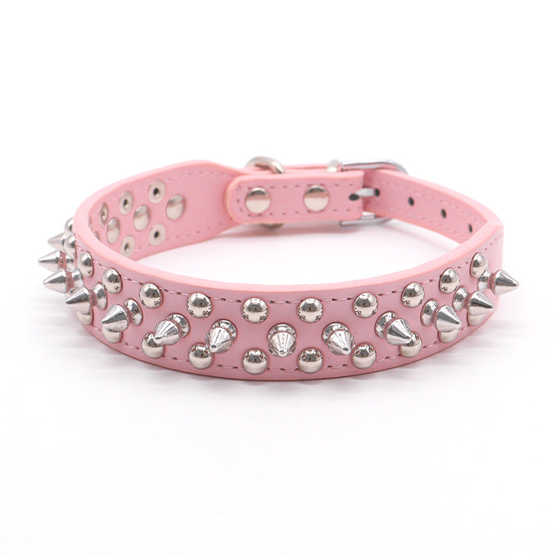 Adjustable pink dog collar with silver spikes and studded rivets, loop buckle