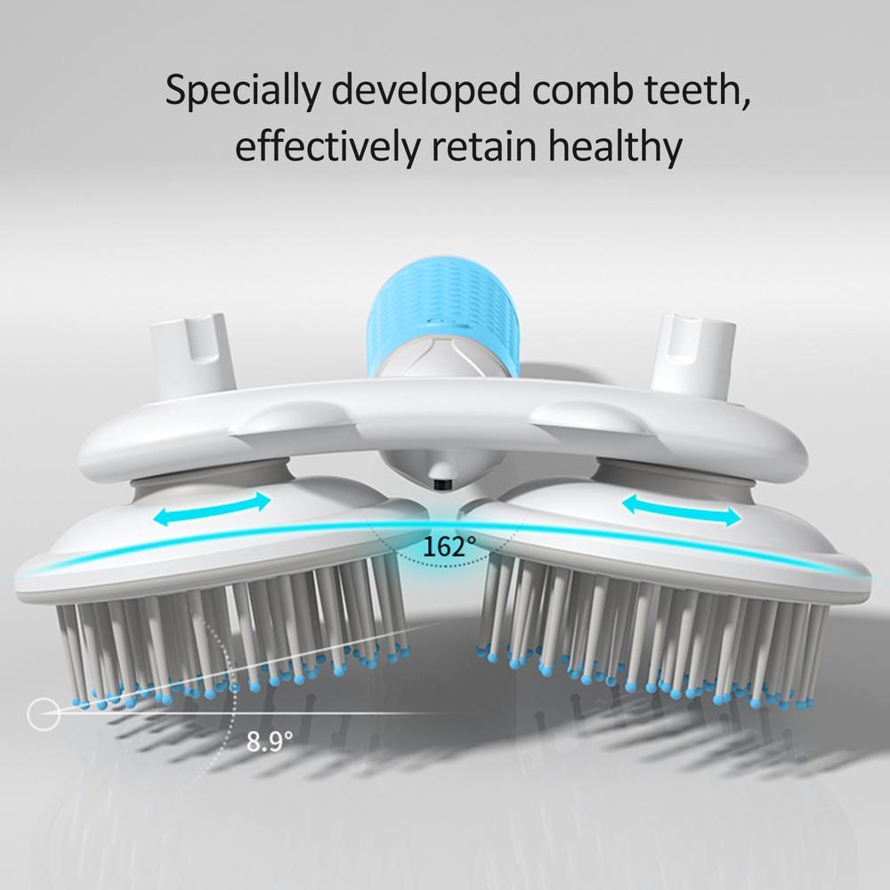 Dual-head pet comb brush showing stainless pins and heated blue ion indicator area