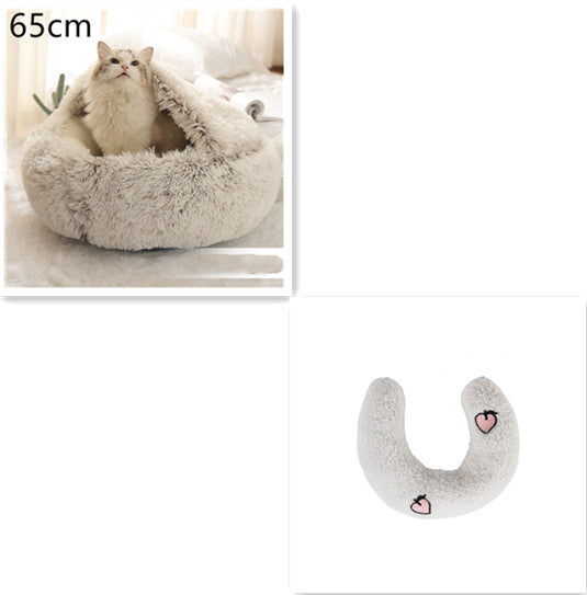 Gray round plush pet bed with cat; light gray U-shaped bolster with heart patches