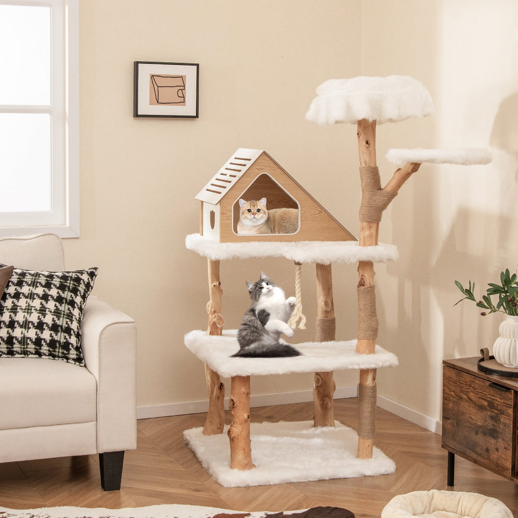White faux-fur cat tree with house perch, two platforms, and sisal scratching posts