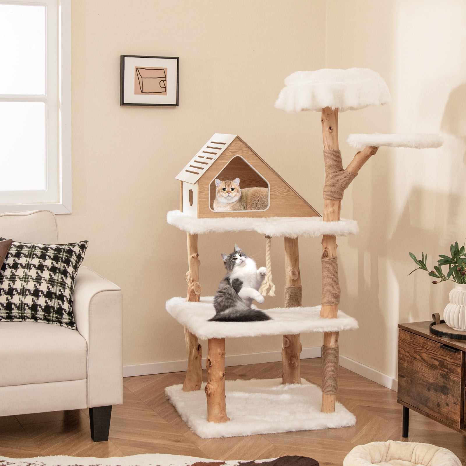 White faux-fur cat tree with house perch, two platforms, and sisal scratching posts