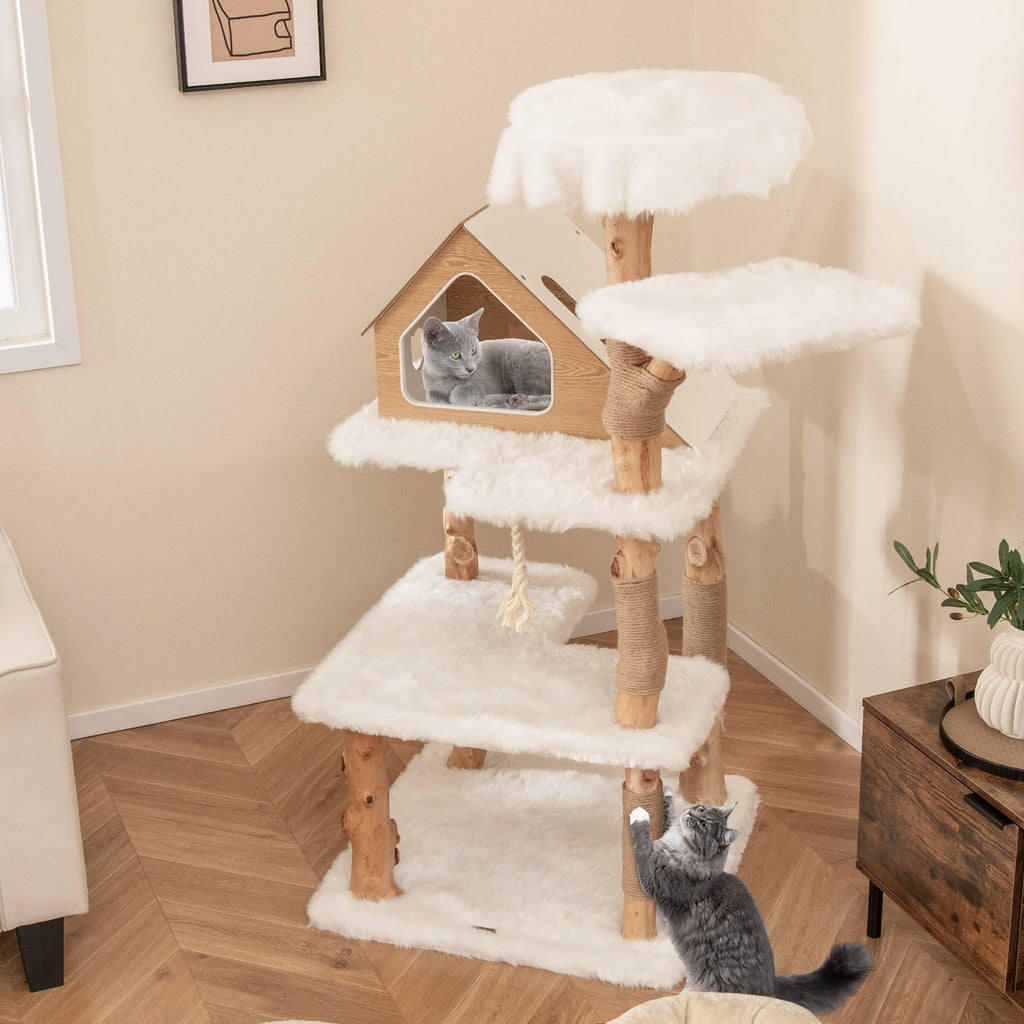 White faux-fur cat tree with enclosed house perch, multiple platforms, and posts