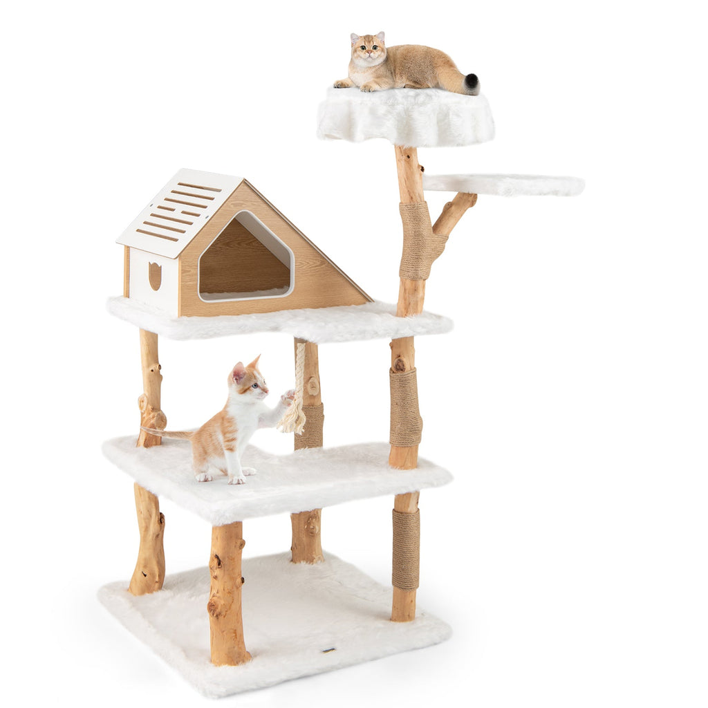 White faux-fur cat tree with house perch and top platform, wood posts and scratching