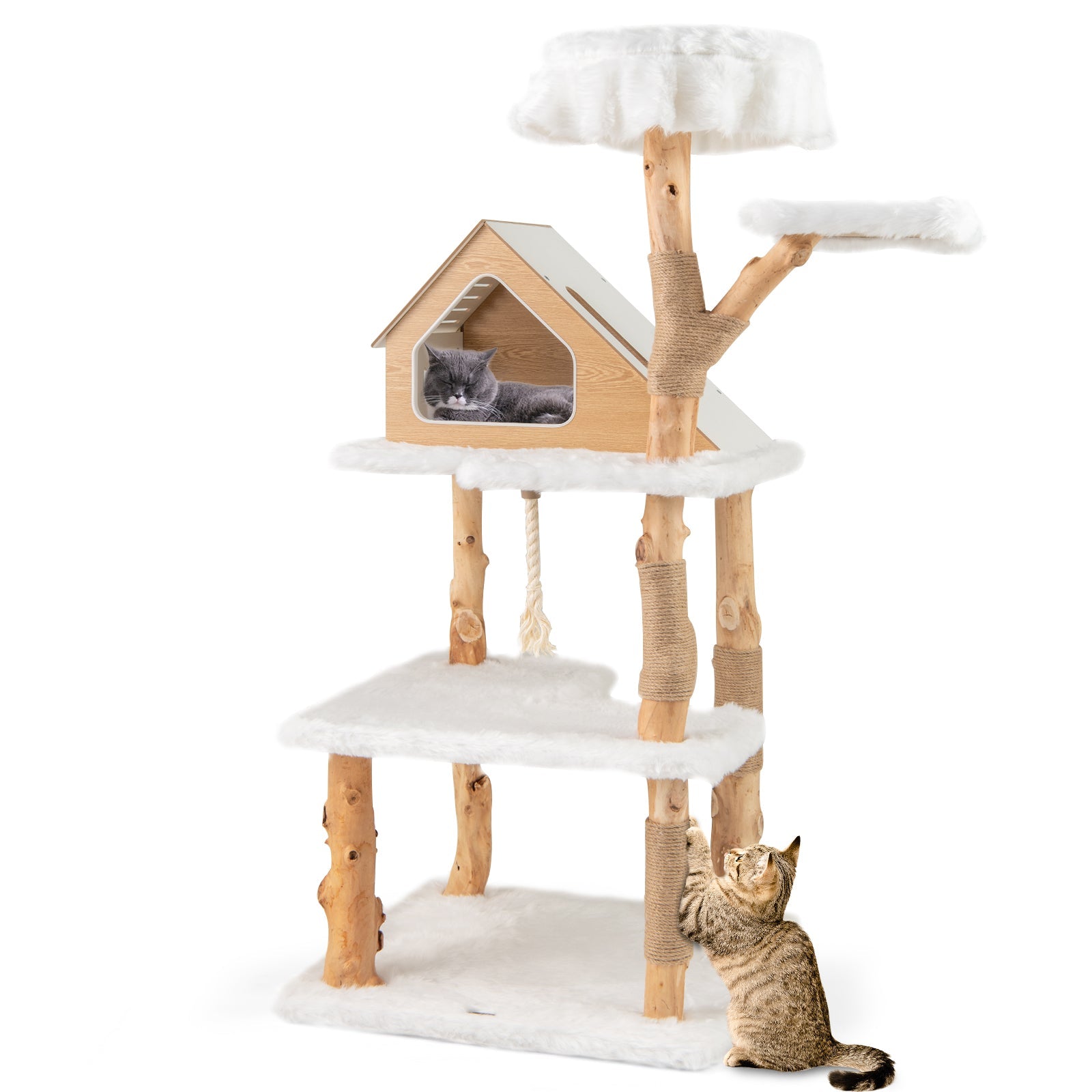 White faux-fur cat tree with house perch and stacked platforms, sisal-wrapped posts