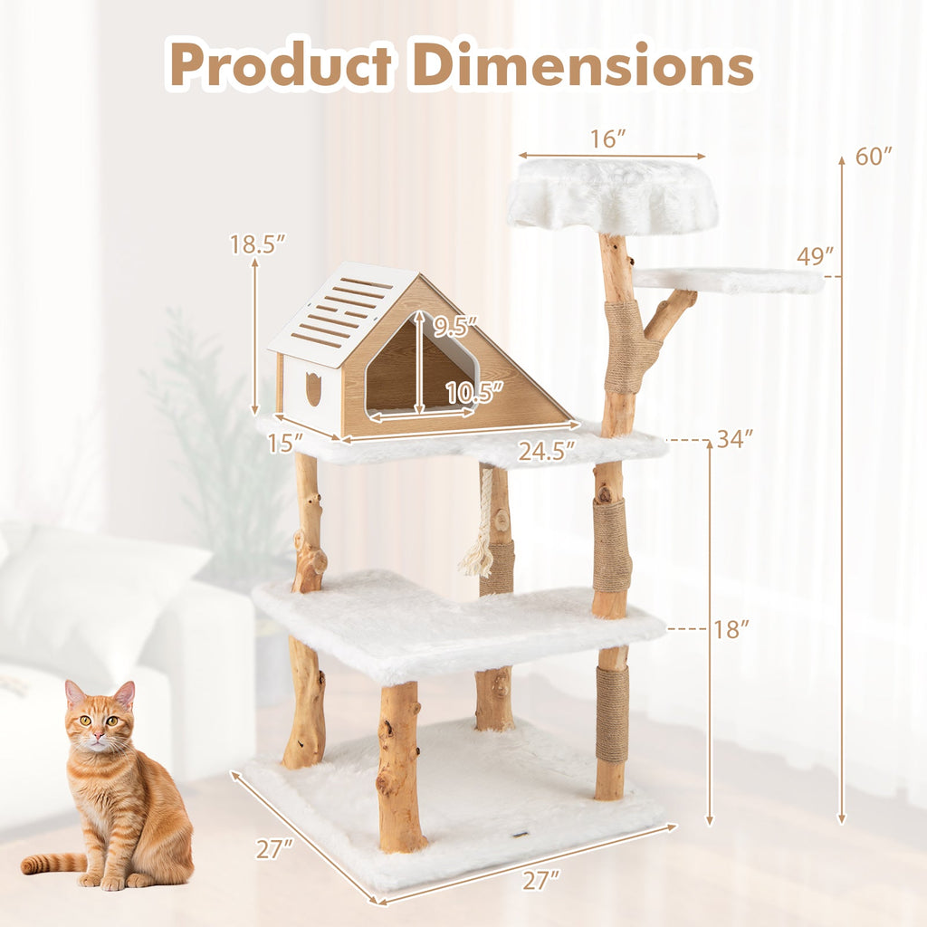 Cat tree size diagram showing tall white faux-fur platforms and house perch