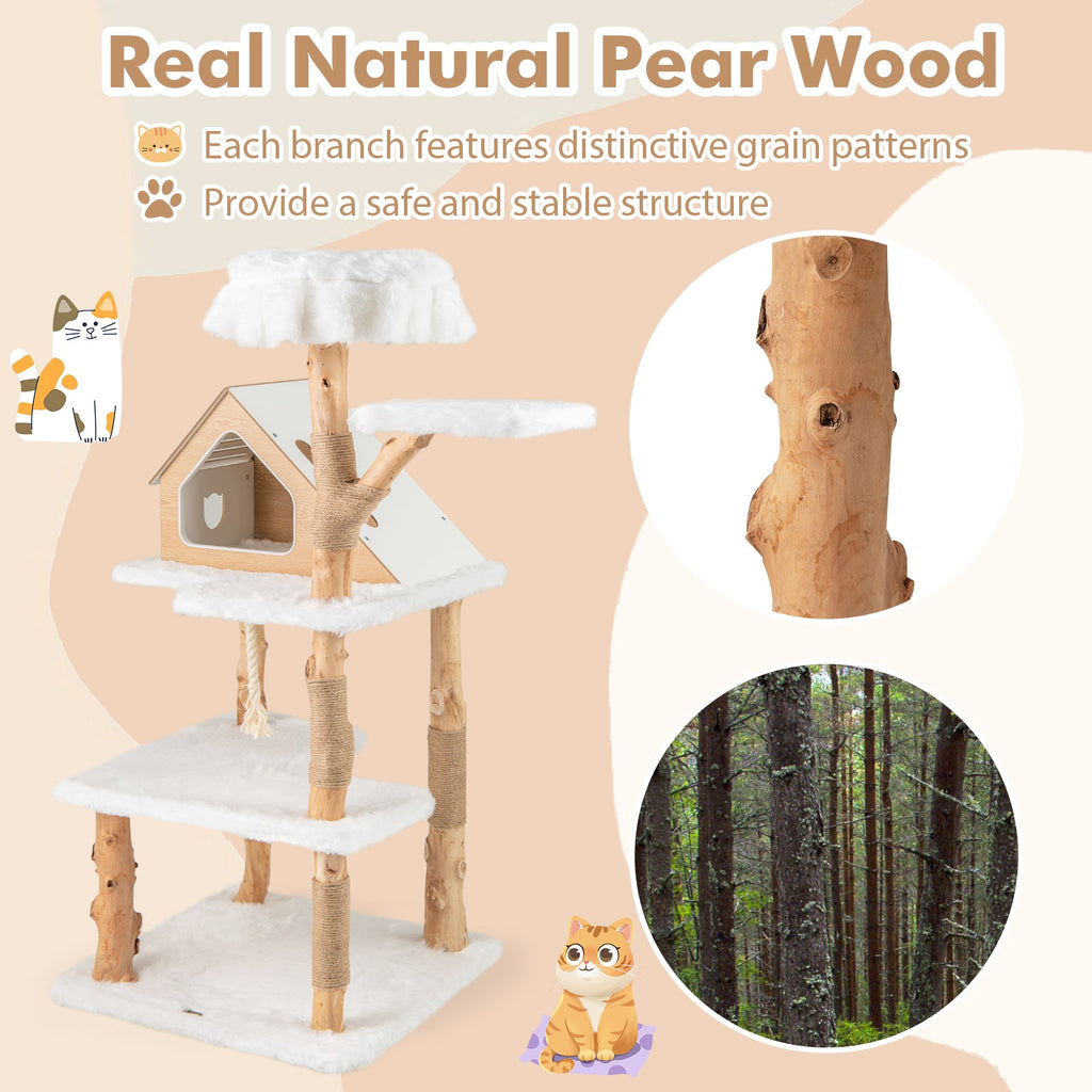 Cat tree featuring natural wood posts and white faux-fur resting perches
