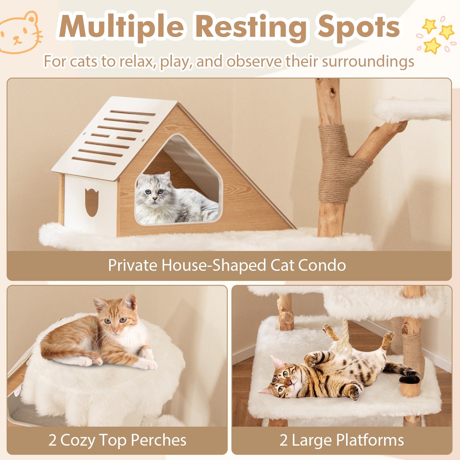 Cat tree feature graphic with house-shaped condo, top perches, and platforms