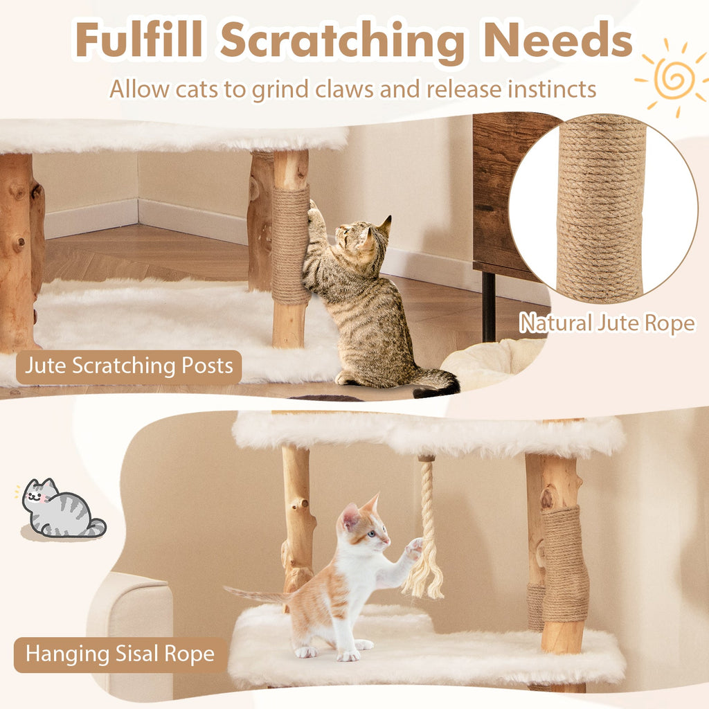 Cat tree feature graphic with sisal scratching posts and hanging sisal rope