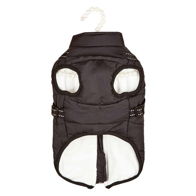 Fleece-lined padded dog coat in black with front zipper and chest cutout panels