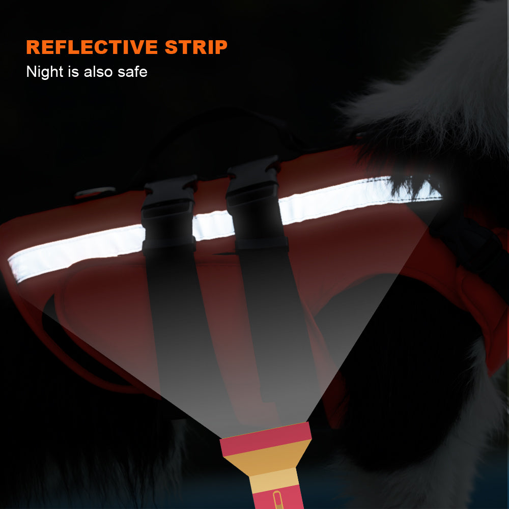 Orange dog life jacket vest with wide reflective strip on side panels and black straps