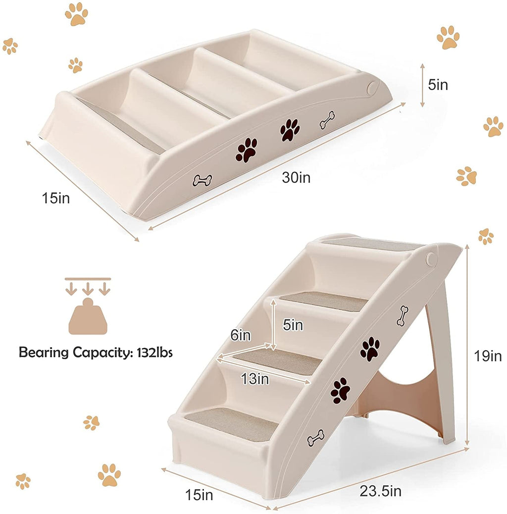 Collapsible plastic pet stairs, white with beige non-slip steps and paw-print decals