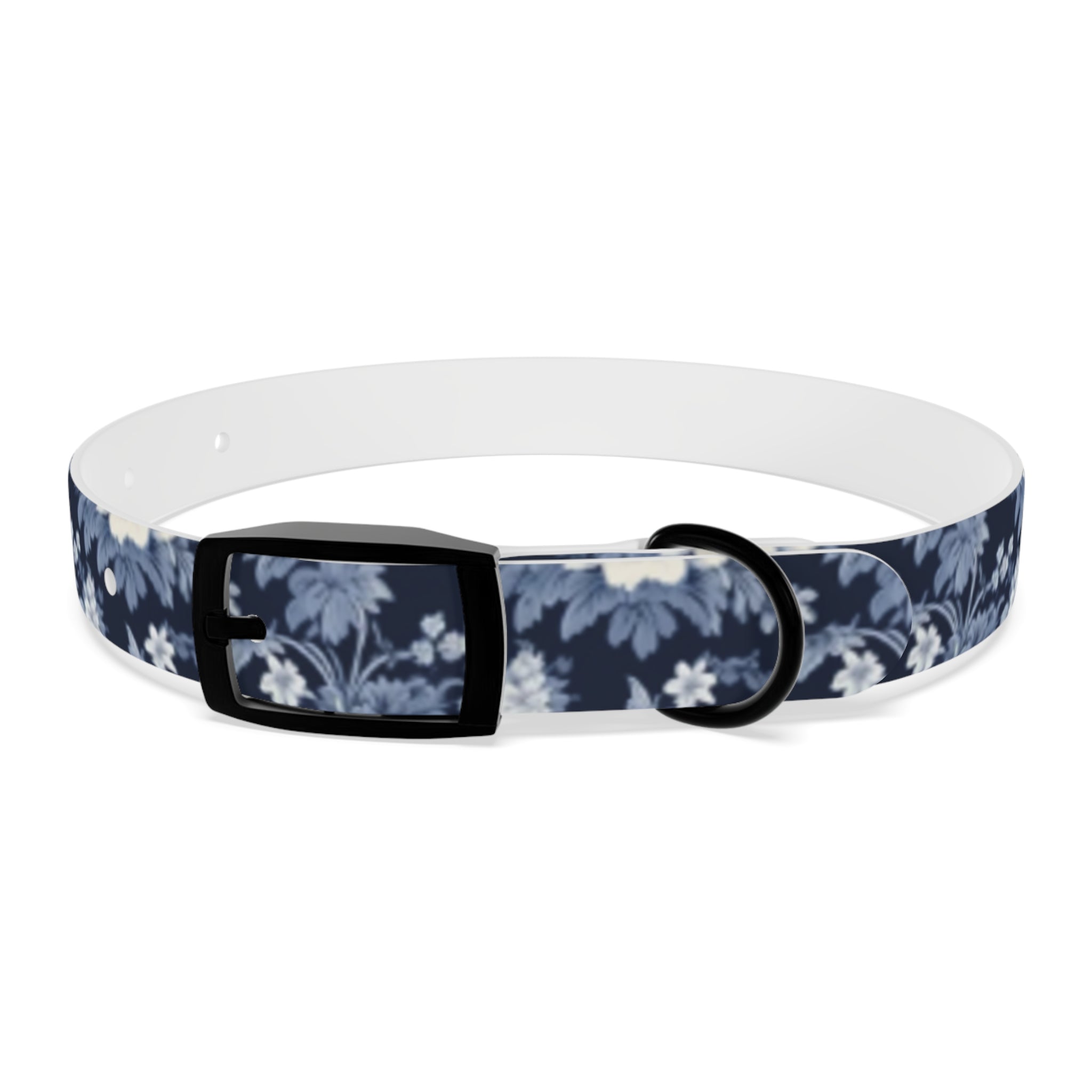 Midnight Blue Garden in Bloom Pet Collar — Waterproof TPU, 4 Buckle Finishes, S–XL