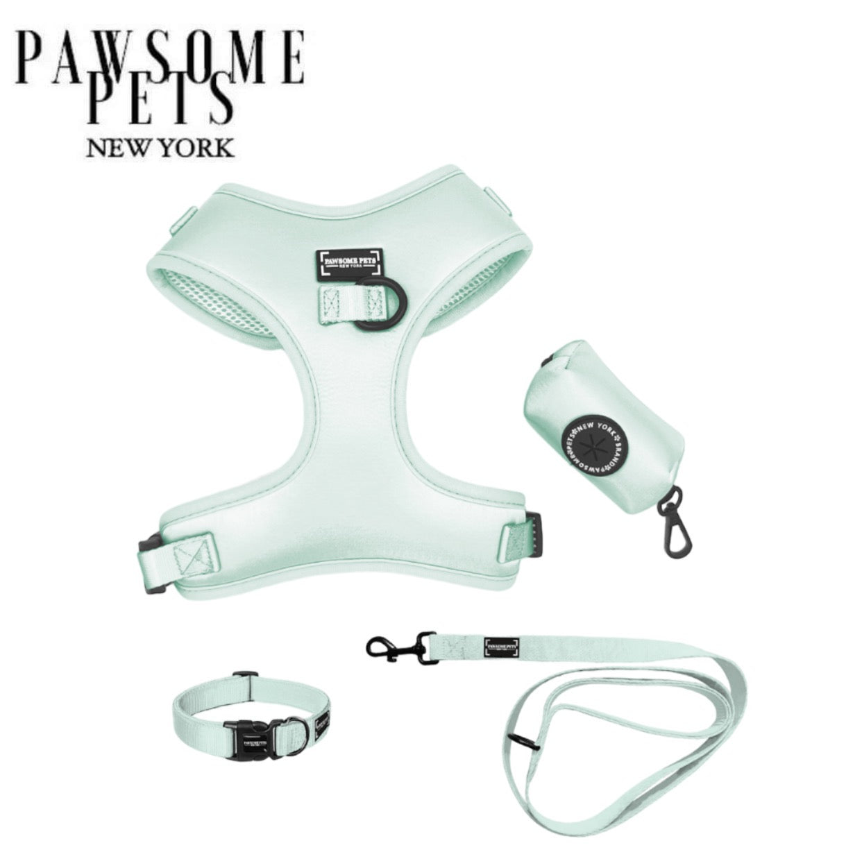 Mint green pet bundle: step-in harness with collar, leash, and clip waste-bag holder