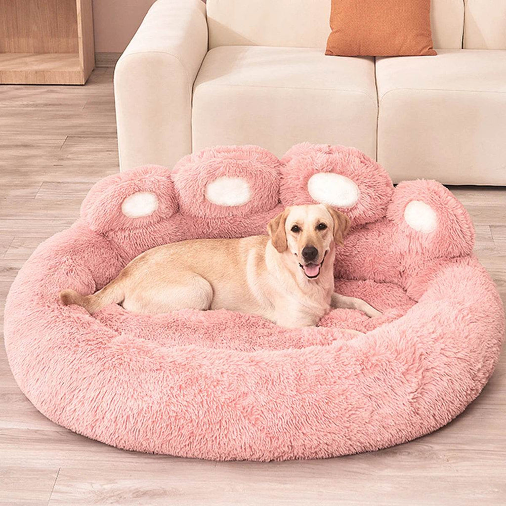 Pink plush pet sofa bed with paw-print bolsters and cozy inner cushion