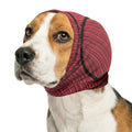 Dog ear head wrap, rose red and black striped fabric covering ears