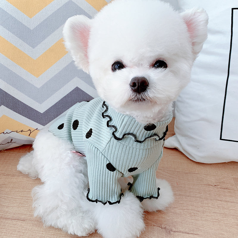 Dog dot turtleneck base layer shirt, light green rib knit with black dots and ruffle collar