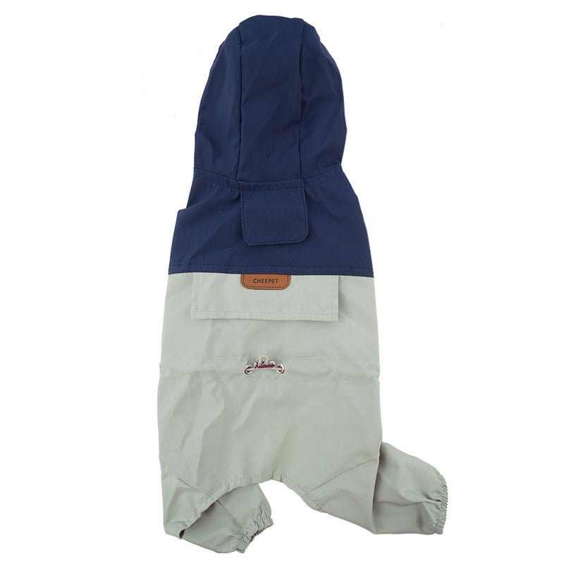 Navy hooded pet raincoat with light gray lower panel and front pocket