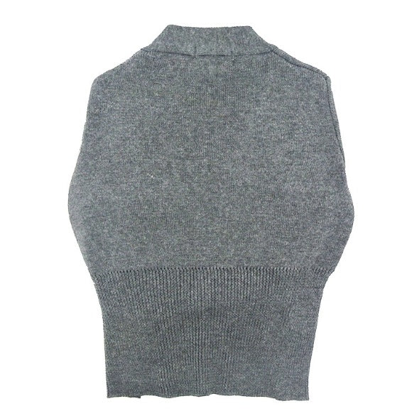 Grey knit turtleneck sweater with ribbed hem and open-knit texture