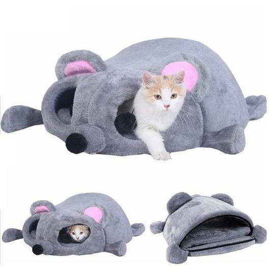 Gray plush cat mouse cave with pink ear details and a kitten peeking inside