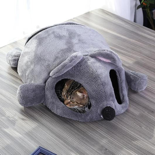 Gray plush mouse cat cave with kitten inside the tunnel opening, lying on floor