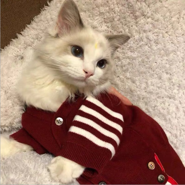 Red knit cat sweater with button placket and bold white stripe cuff detail