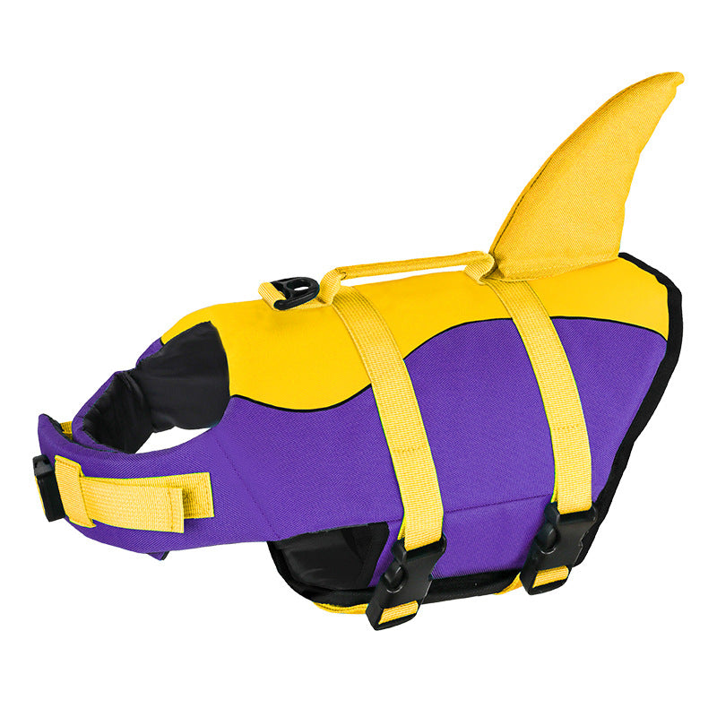 Yellow and purple dog life vest with fin-shaped back, adjustable straps and buckles