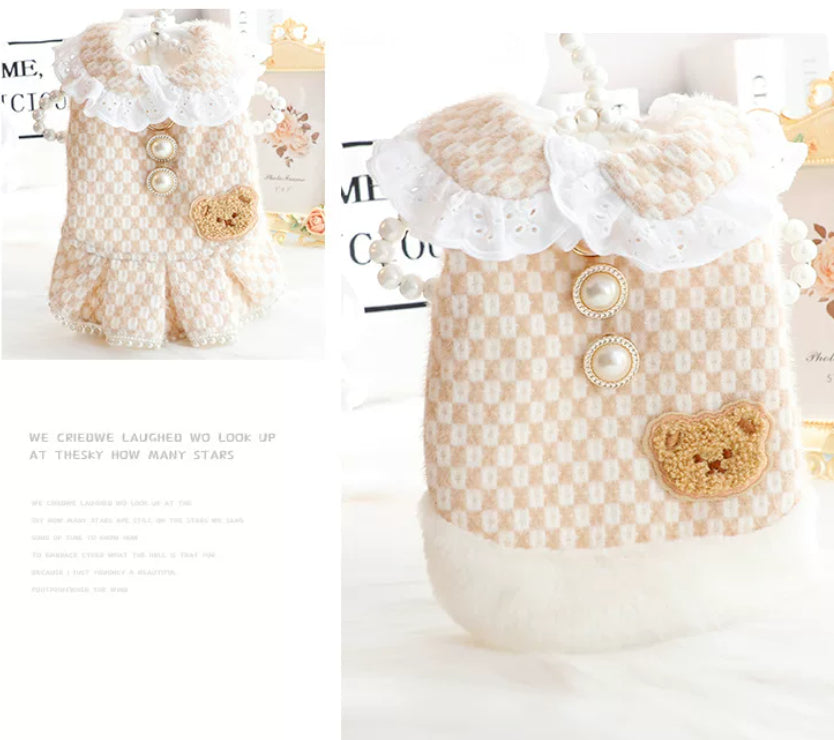 Light coffee check cotton skirt with large white ruffle collar and faux pearl front