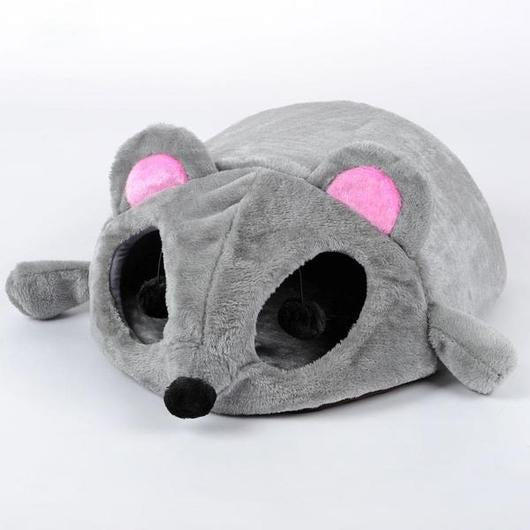Gray plush cat mouse cave with two round black openings and pink inner ear accents