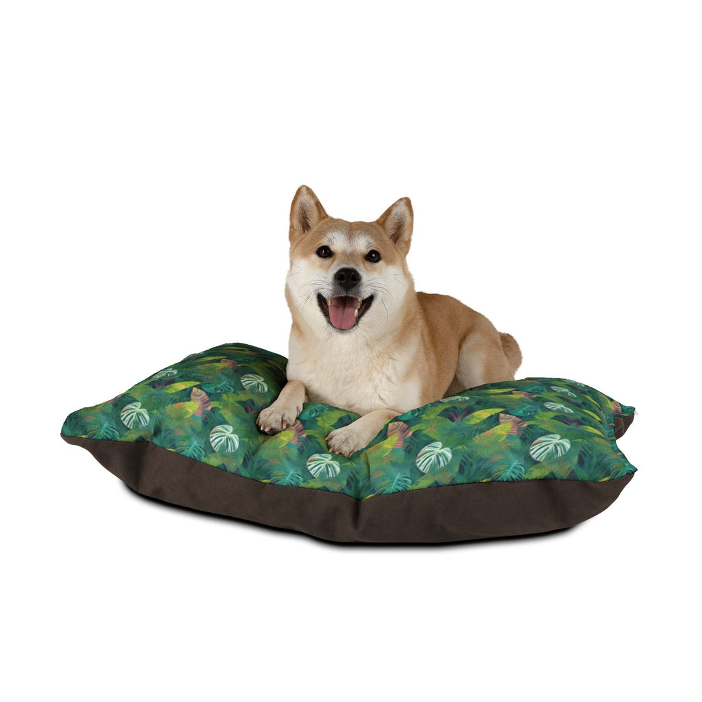 Emerald Canopy Tropical Leaves Pet Bed — Coral Fleece, Removable Cover, 40" × 30"