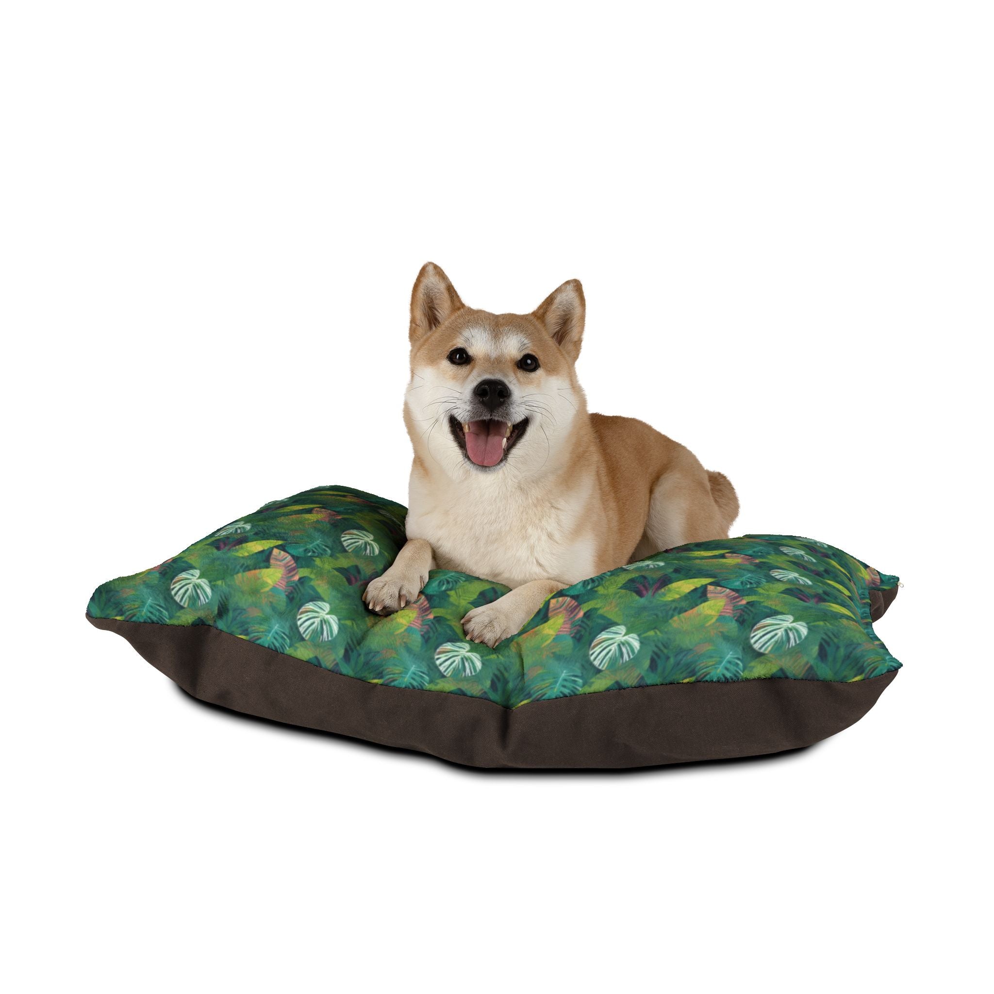 Emerald Canopy Tropical Leaves Pet Bed — Coral Fleece, Removable Cover, 40" × 30"
