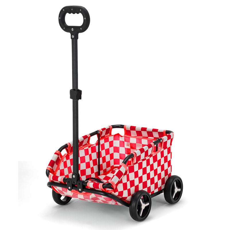 Red and white plaid pet stroller with padded seat, black handle, and four wheels